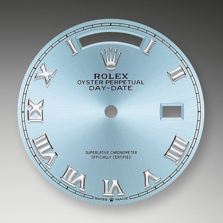 Rolex Day-Date | 128236 | Day-Date 36 | Coloured dial | Ice-Blue Dial | The Fluted Bezel | Platinum | m128236-0008 | Men Watch | Rolex Official Retailer - Srichai Watch