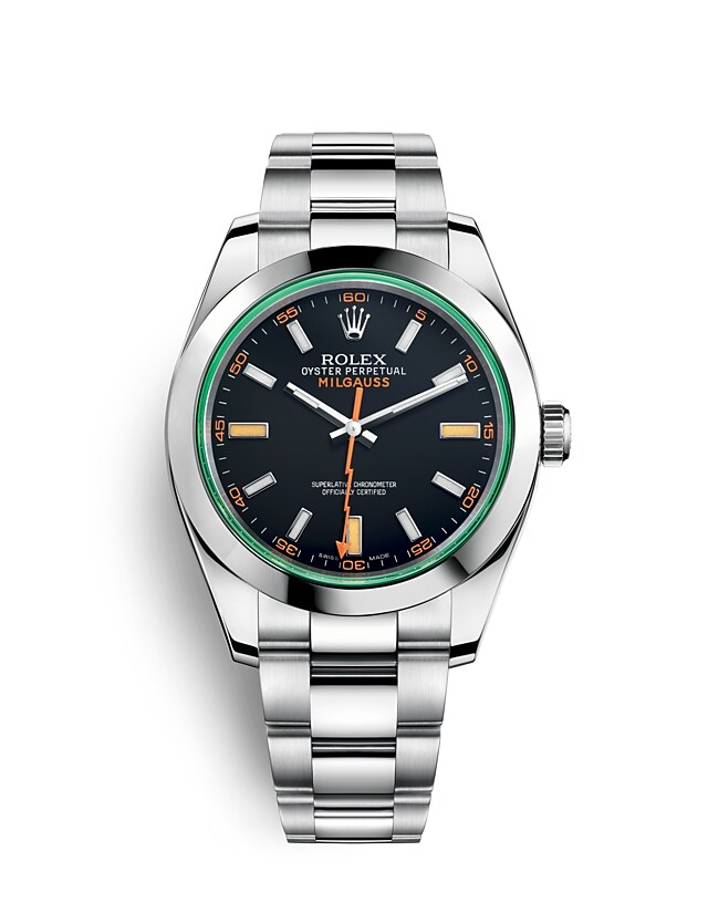 Rolex Milgauss | 116400GV | Milgauss | หน้าปัดสีเข้ม | แซฟไฟร์คริสตัลสีเขียว | หน้าปัดสีดำและกระจกแซฟไฟร์สีเขียว | Oystersteel | m116400gv-0001 | ชาย Watch | Rolex Official Retailer - Srichai Watch