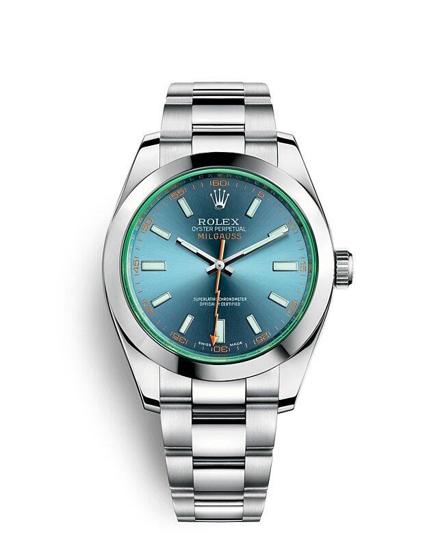 Rolex Milgauss | 116400GV | Milgauss | หน้าปัดสี | แซฟไฟร์คริสตัลสีเขียว | หน้าปัด Z-Blue | Oystersteel | m116400gv-0002 | ชาย Watch | Rolex Official Retailer - Srichai Watch