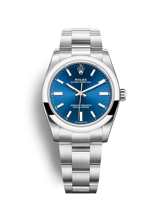 Rolex Oyster Perpetual | 124200 | Oyster Perpetual 34 | Coloured dial | Bright blue dial | Oystersteel | The Oyster bracelet | m124200-0003 | Women Watch | Rolex Official Retailer - Srichai Watch