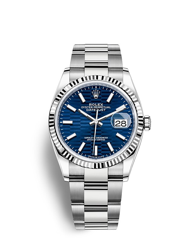 Rolex Datejust | 126234 | Datejust 36 | หน้าปัดสี | หน้าปัดสีน้ำเงินสว่าง | ขอบหน้าปัดแบบเซาะร่อง | White Rolesor | m126234-0050 | ชาย Watch | Rolex Official Retailer - Srichai Watch