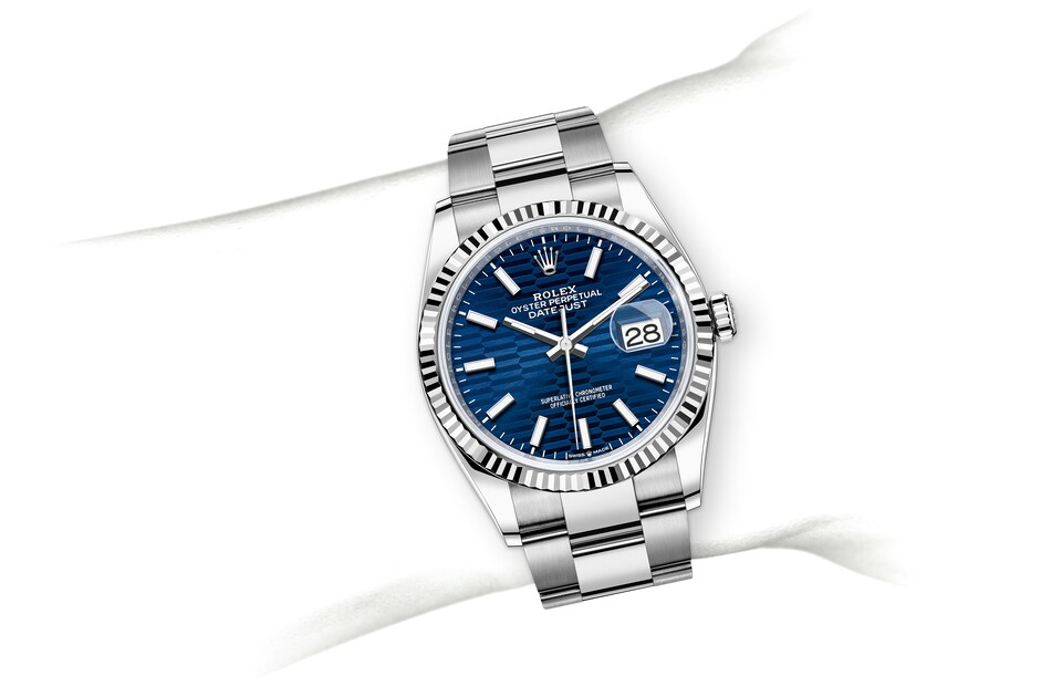 Rolex Datejust | 126234 | Datejust 36 | หน้าปัดสี | หน้าปัดสีน้ำเงินสว่าง | ขอบหน้าปัดแบบเซาะร่อง | White Rolesor | m126234-0050 | ชาย Watch | Rolex Official Retailer - Srichai Watch