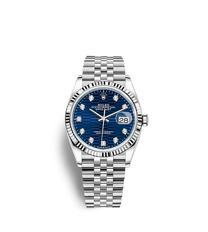Rolex Datejust | 126234 | Datejust 36 | Coloured dial | Bright blue dial | The Fluted Bezel | White Rolesor | m126234-0057 | Men Watch | Rolex Official Retailer - Srichai Watch