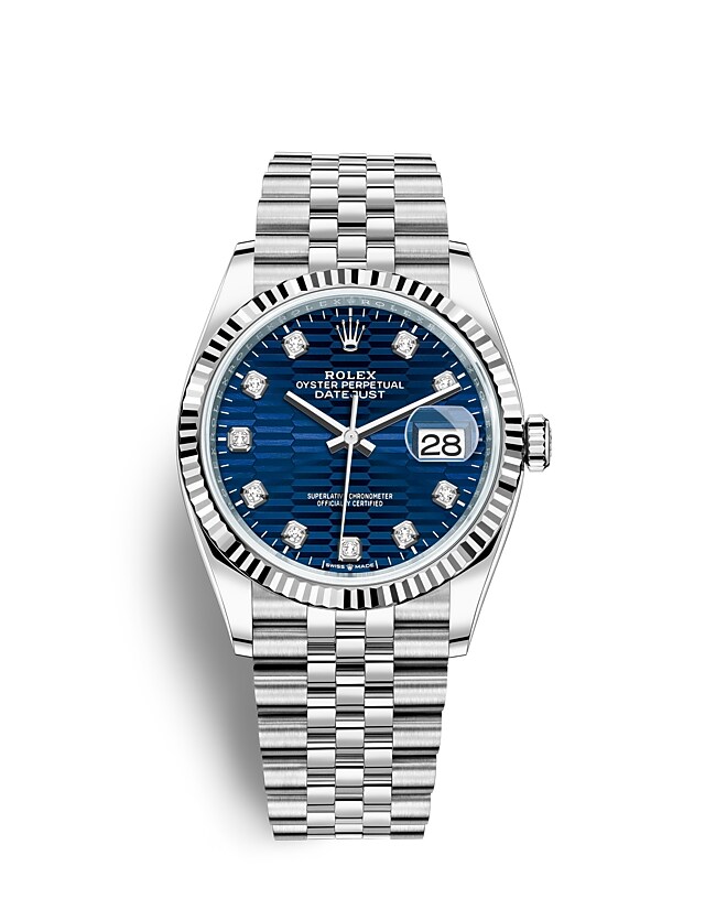 Rolex Datejust | 126234 | Datejust 36 | หน้าปัดสี | หน้าปัดสีน้ำเงินสว่าง | ขอบหน้าปัดแบบเซาะร่อง | White Rolesor | m126234-0057 | ชาย Watch | Rolex Official Retailer - Srichai Watch