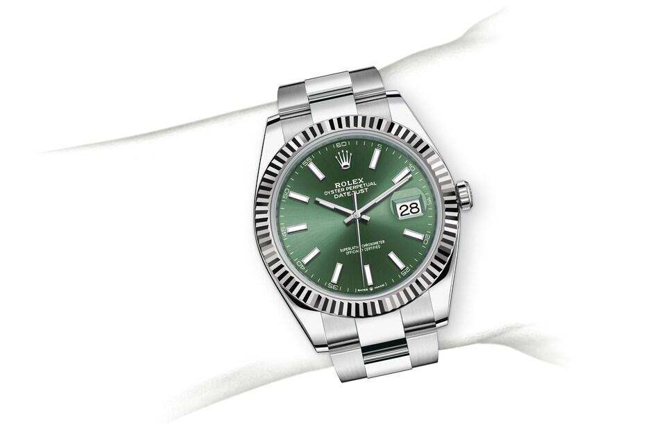 Rolex Datejust | 126334 | Datejust 41 | หน้าปัดสี | หน้าปัดสีเขียวมิ้นต์ | ขอบหน้าปัดแบบเซาะร่อง | White Rolesor | m126334-0027 | ชาย Watch | Rolex Official Retailer - Srichai Watch