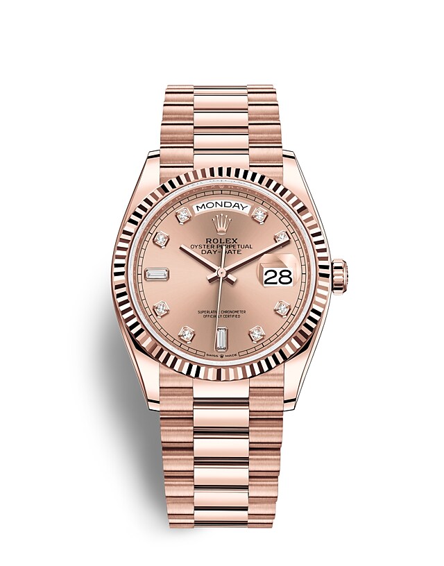 Rolex Day-Date | 128235 | Day-Date 36 | หน้าปัดสี | หน้าปัดสีชมพูกุหลาบ | ขอบหน้าปัดแบบเซาะร่อง | เอเวอร์โรสโกลด์ 18 กะรัต | m128235-0009 | ชาย Watch | Rolex Official Retailer - Srichai Watch
