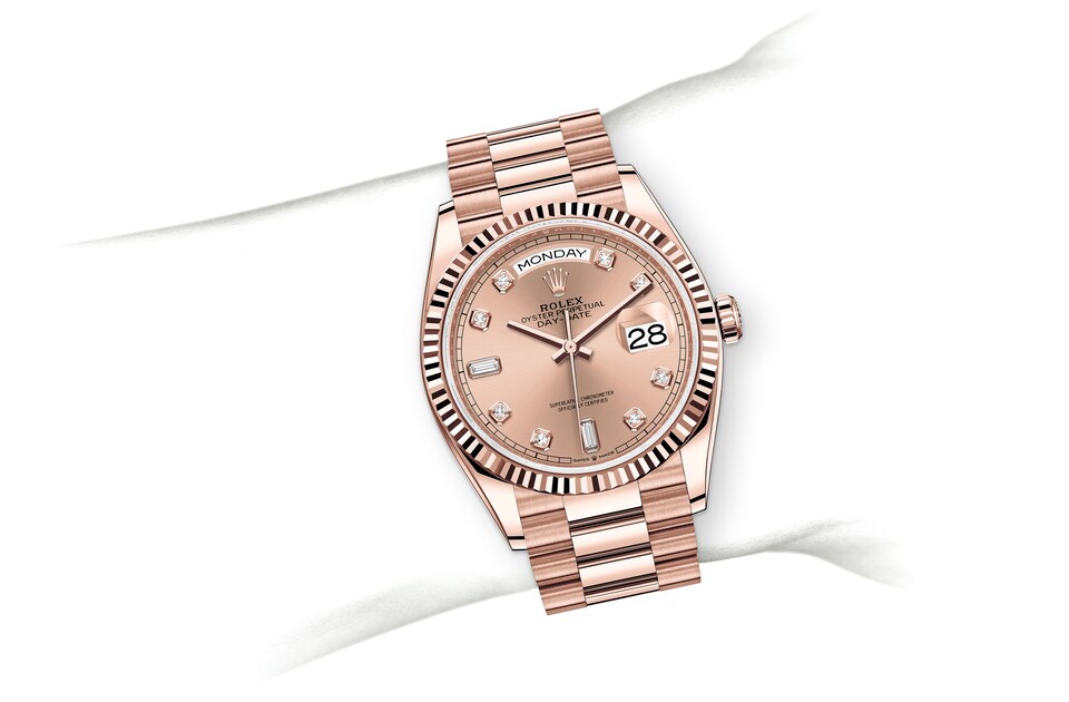 Rolex Day-Date | 128235 | Day-Date 36 | Coloured dial | Rosé-colour dial | The Fluted Bezel | 18 ct Everose gold | m128235-0009 | Men Watch | Rolex Official Retailer - Srichai Watch