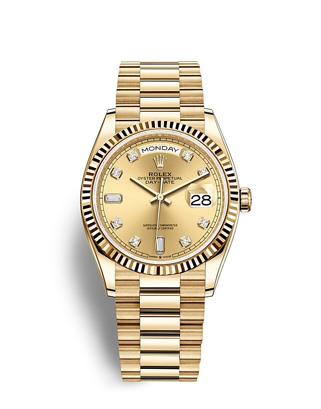 Rolex Day-Date | 128238 | Day-Date 36 | Coloured dial | Champagne-colour dial | The Fluted Bezel | 18 ct yellow gold | m128238-0008 | Men Watch | Rolex Official Retailer - Srichai Watch