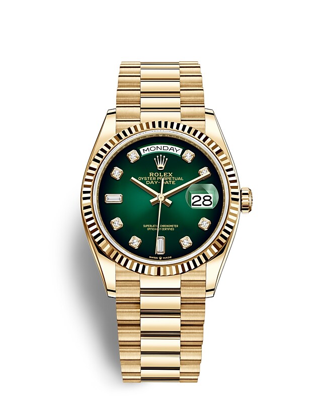 Rolex Day-Date | 128238 | Day-Date 36 | หน้าปัดสี | หน้าปัดสีเขียวออมเบร | ขอบหน้าปัดแบบเซาะร่อง | ทองคำ 18 กะรัต | m128238-0069 | ชาย Watch | Rolex Official Retailer - Srichai Watch