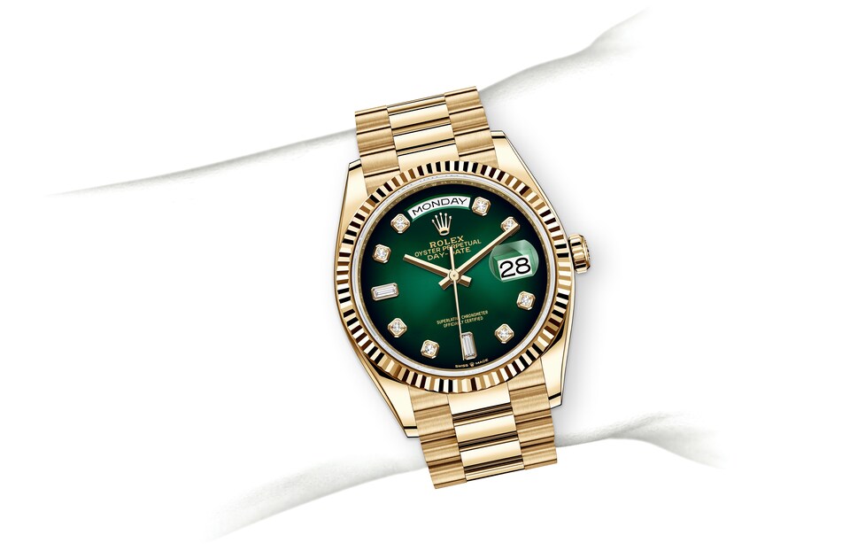 Rolex Day-Date | 128238 | Day-Date 36 | Coloured dial | Green ombré dial | The Fluted Bezel | 18 ct yellow gold | m128238-0069 | Men Watch | Rolex Official Retailer - Srichai Watch