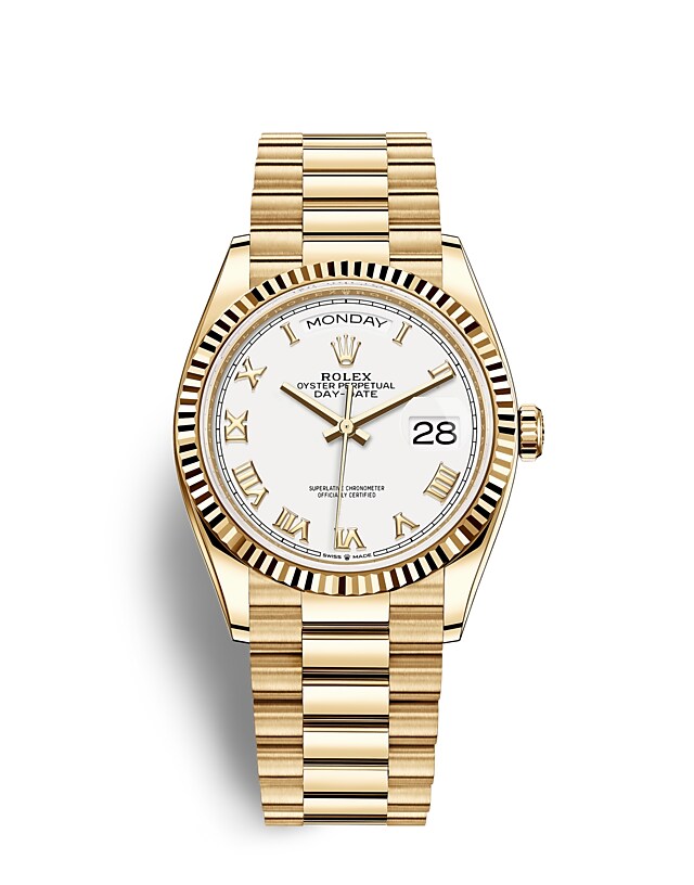 Rolex Day-Date | 128238 | Day-Date 36 | Light dial | The Fluted Bezel | White dial | 18 ct yellow gold | m128238-0076 | Men Watch | Rolex Official Retailer - Srichai Watch