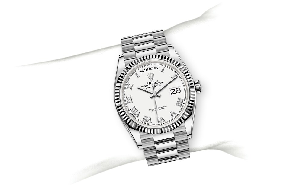 Rolex Day-Date | 128239 | Day-Date 36 | Light dial | The Fluted Bezel | White dial | 18 ct white gold | m128239-0038 | Men Watch | Rolex Official Retailer - Srichai Watch