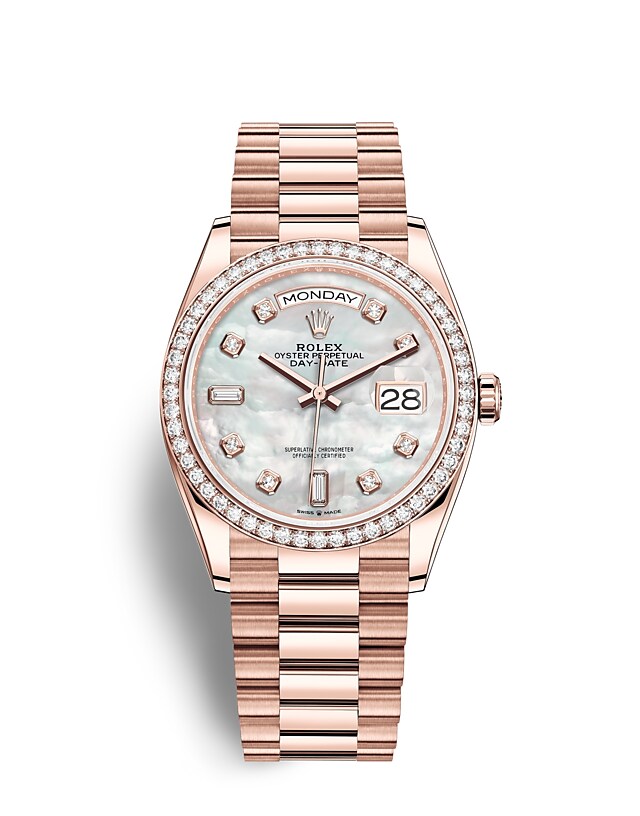 Rolex Day-Date | 128345RBR | Day-Date 36 | หน้าปัดประดับอัญมณี | หน้าปัดไข่มุก | ขอบหน้าปัดประดับเพชร | เอเวอร์โรสโกลด์ 18 กะรัต | m128345rbr-0028 | หญิง Watch | Rolex Official Retailer - Srichai Watch