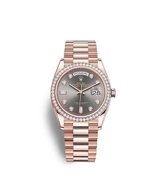 Rolex Day-Date | 128345RBR | Day-Date 36 | หน้าปัดสีเข้ม | หน้าปัดสีเทาอมน้ำเงิน | ขอบหน้าปัดประดับเพชร | เอเวอร์โรสโกลด์ 18 กะรัต | m128345rbr-0052 | หญิง Watch | Rolex Official Retailer - Srichai Watch