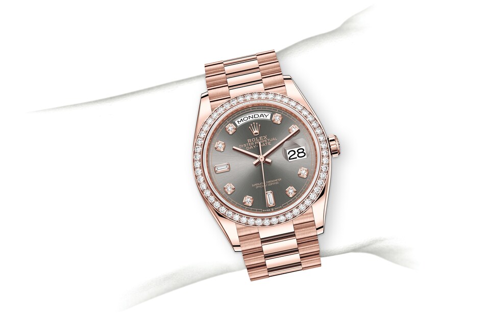 Rolex Day-Date | 128345RBR | Day-Date 36 | Dark dial | Slate Dial | Diamond-Set Bezel | 18 ct Everose gold | m128345rbr-0052 | Women Watch | Rolex Official Retailer - Srichai Watch