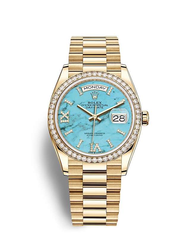 Rolex Day-Date | 128348RBR | Day-Date 36 | Coloured dial | Turquoise Dial | Diamond-Set Bezel | 18 ct yellow gold | m128348rbr-0037 | Women Watch | Rolex Official Retailer - Srichai Watch