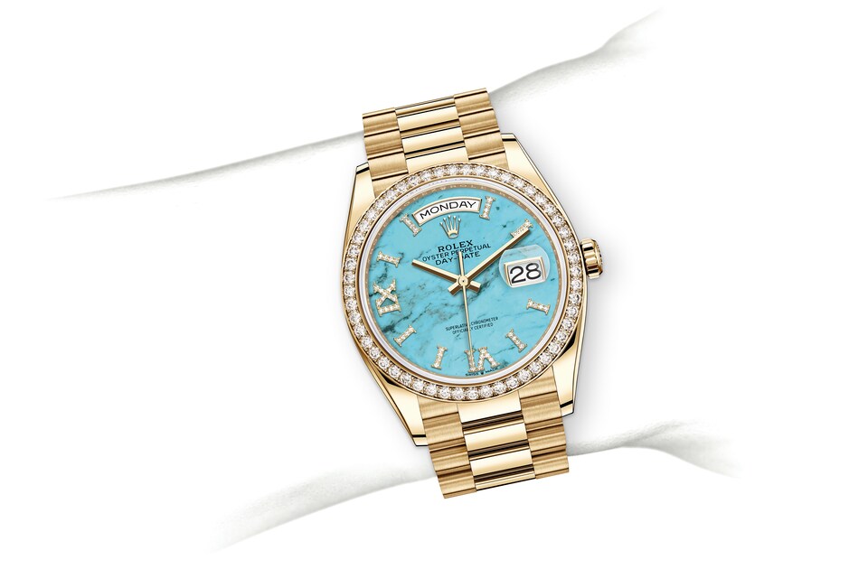 Rolex Day-Date | 128348RBR | Day-Date 36 | Coloured dial | Turquoise Dial | Diamond-Set Bezel | 18 ct yellow gold | m128348rbr-0037 | Women Watch | Rolex Official Retailer - Srichai Watch