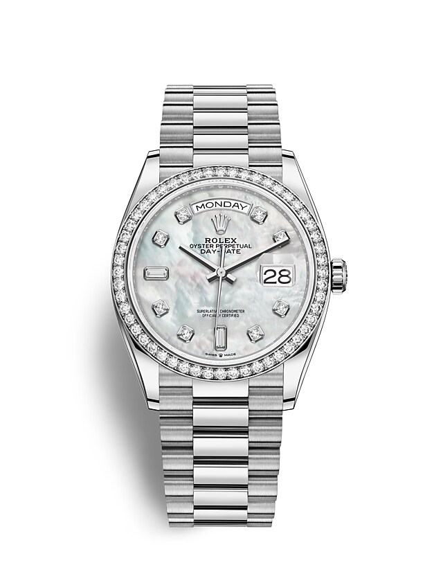 Rolex Day-Date | 128349RBR | Day-Date 36 | หน้าปัดประดับอัญมณี | หน้าปัดไข่มุก | ขอบหน้าปัดประดับเพชร | ทองคำขาว 18 กะรัต | m128349rbr-0004 | หญิง Watch | Rolex Official Retailer - Srichai Watch