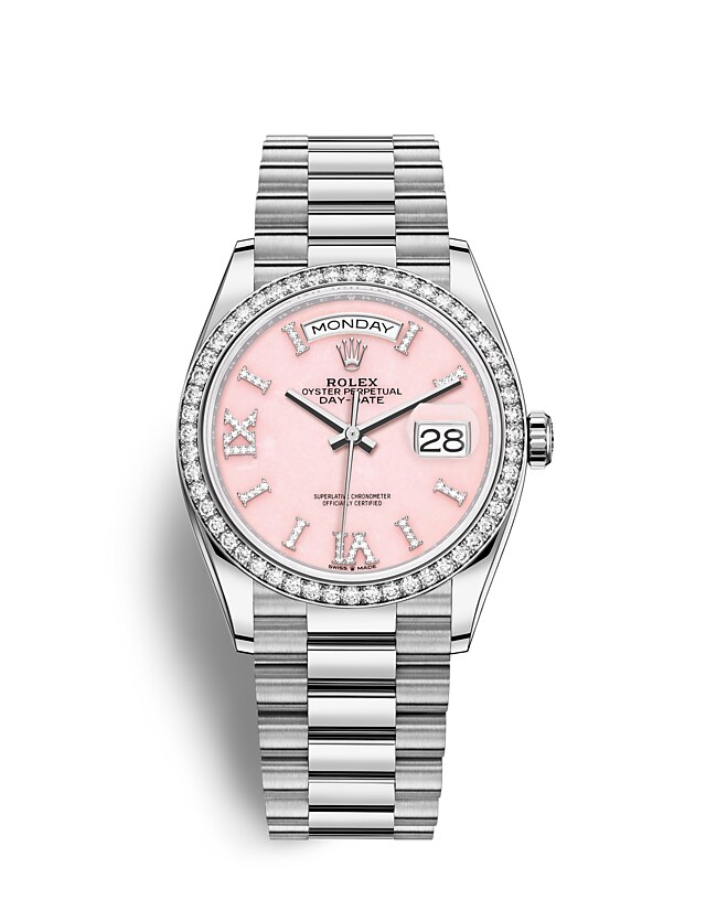 Rolex Day-Date | 128349RBR | Day-Date 36 | Gem-set dial | Pink opal dial | Diamond-Set Bezel | 18 ct white gold | m128349rbr-0008 | Women Watch | Rolex Official Retailer - Srichai Watch