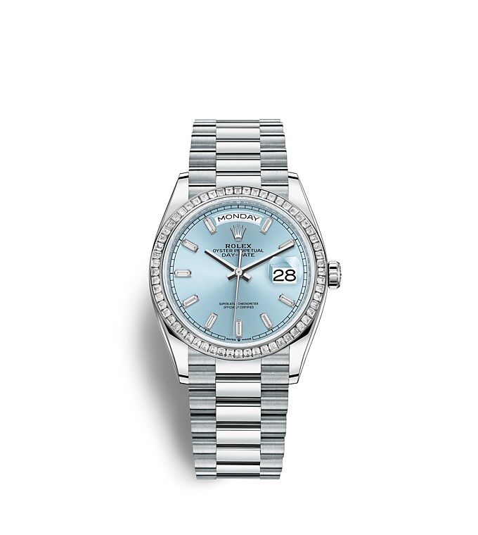 Rolex Day-Date | 128396TBR | Day-Date 36 | Coloured dial | Ice-Blue Dial | Diamond-Set Bezel | Platinum | m128396tbr-0003 | Women Watch | Rolex Official Retailer - Srichai Watch
