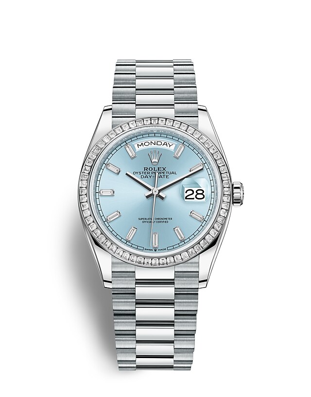 Rolex Day-Date | 128396TBR | Day-Date 36 | หน้าปัดสี | หน้าปัดสีฟ้าไอซ์บลู | ขอบหน้าปัดประดับเพชร | แพลทินัม | m128396tbr-0003 | หญิง Watch | Rolex Official Retailer - Srichai Watch