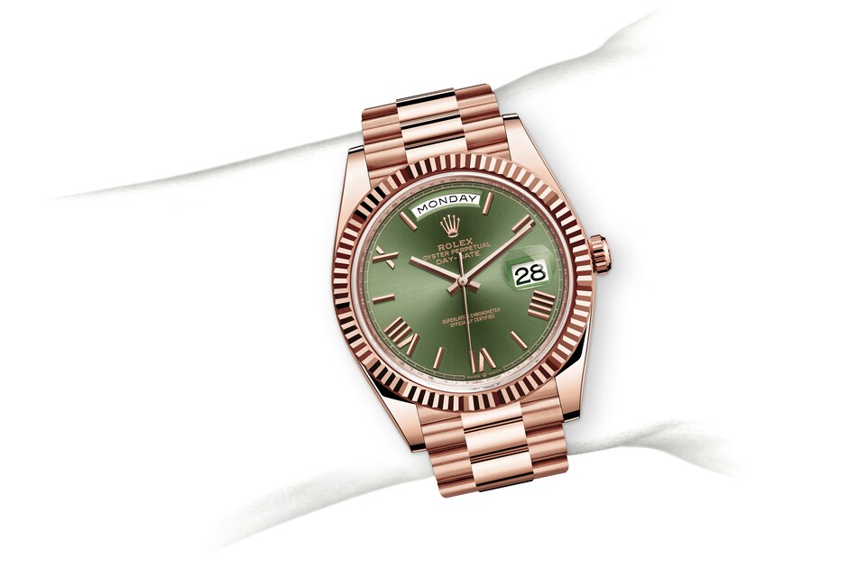 Rolex Day-Date | 228235 | Day-Date 40 | Coloured dial | Olive-Green Dial | The Fluted Bezel | 18 ct Everose gold | m228235-0025 | Men Watch | Rolex Official Retailer - Srichai Watch