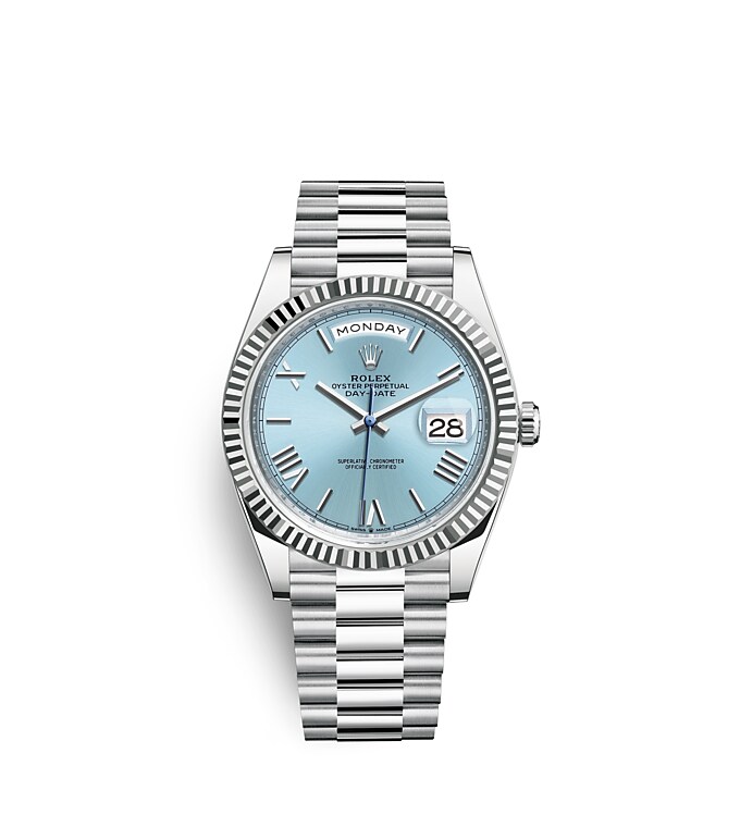 Rolex Day-Date | 228236 | Day-Date 40 | หน้าปัดสี | หน้าปัดสีฟ้าไอซ์บลู | ขอบหน้าปัดแบบเซาะร่อง | แพลทินัม | m228236-0012 | ชาย Watch | Rolex Official Retailer - Srichai Watch