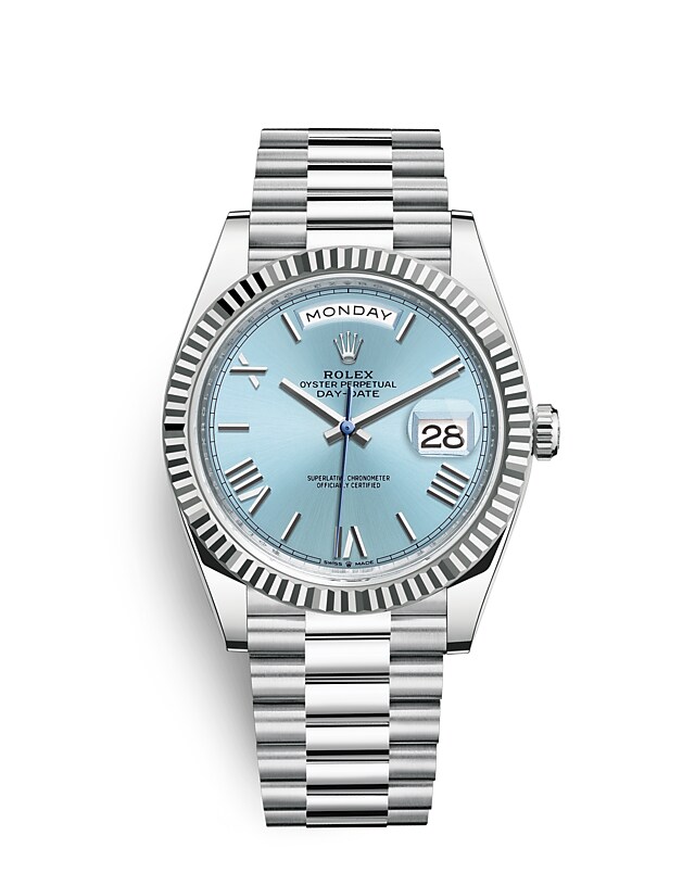 Rolex Day-Date | 228236 | Day-Date 40 | Coloured dial | Ice-Blue Dial | The Fluted Bezel | Platinum | m228236-0012 | Men Watch | Rolex Official Retailer - Srichai Watch