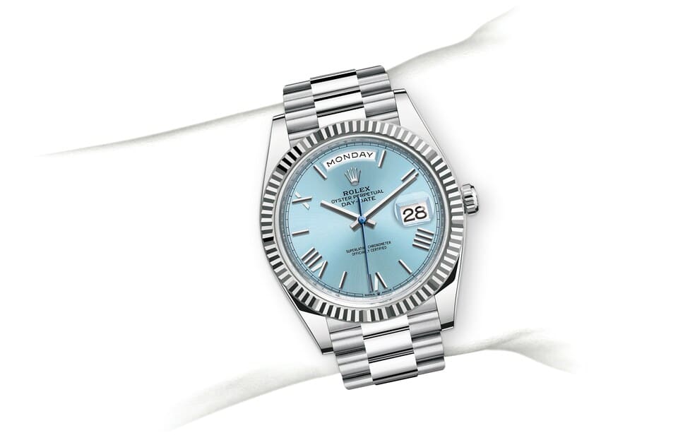Rolex Day-Date | 228236 | Day-Date 40 | Coloured dial | Ice-Blue Dial | The Fluted Bezel | Platinum | m228236-0012 | Men Watch | Rolex Official Retailer - Srichai Watch