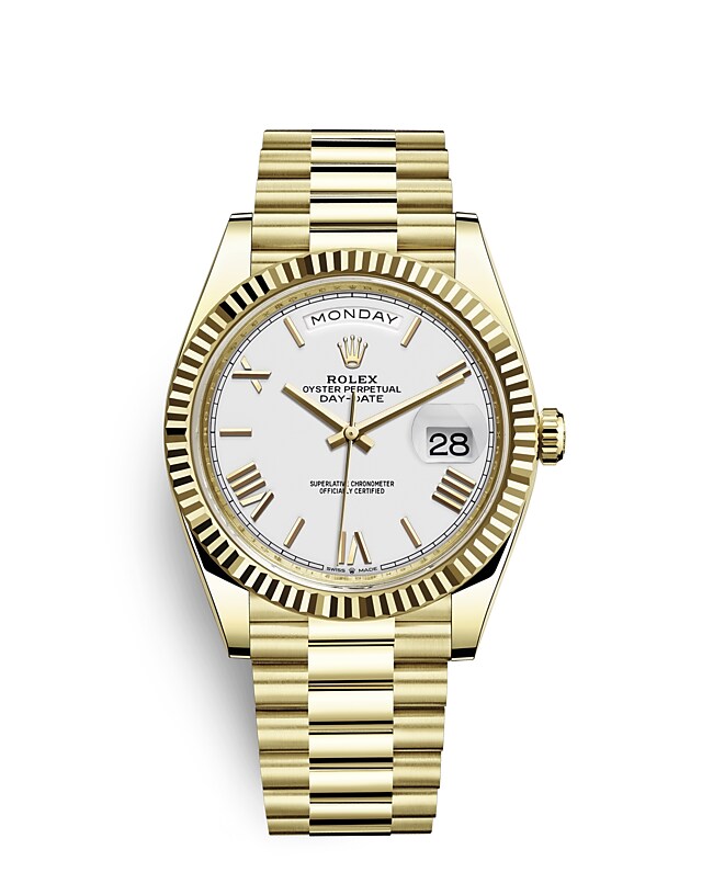 Rolex Day-Date | 228238 | Day-Date 40 | Light dial | The Fluted Bezel | White dial | 18 ct yellow gold | m228238-0042 | Men Watch | Rolex Official Retailer - Srichai Watch