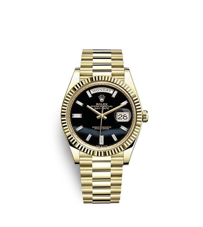 Rolex Day-Date | 228238 | Day-Date 40 | หน้าปัดสีเข้ม | หน้าปัดโอนิกซ์ | ขอบหน้าปัดแบบเซาะร่อง | ทองคำ 18 กะรัต | m228238-0059 | ชาย Watch | Rolex Official Retailer - Srichai Watch