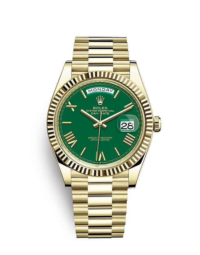 Rolex Day-Date | 228238 | Day-Date 40 | Coloured dial | Green Dial | The Fluted Bezel | 18 ct yellow gold | m228238-0061 | Men Watch | Rolex Official Retailer - Srichai Watch