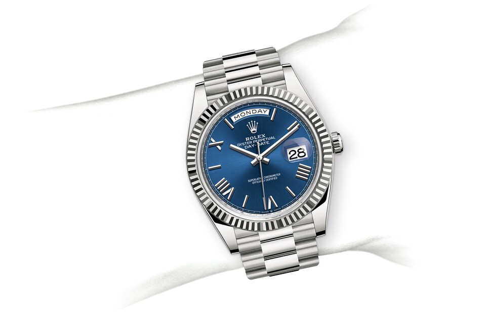 Rolex Day-Date | 228239 | Day-Date 40 | Coloured dial | Bright blue dial | The Fluted Bezel | 18 ct white gold | m228239-0007 | Men Watch | Rolex Official Retailer - Srichai Watch
