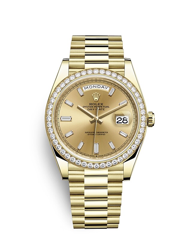 Rolex Day-Date | 228348RBR | Day-Date 40 | Coloured dial | Champagne-colour dial | Diamond-Set Bezel | 18 ct yellow gold | m228348rbr-0002 | Men Watch | Rolex Official Retailer - Srichai Watch