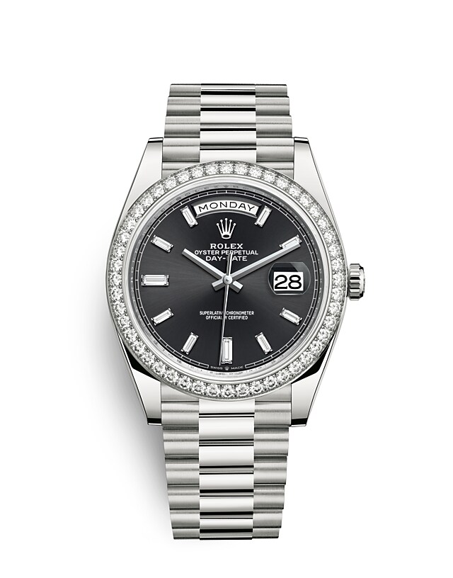 Rolex Day-Date | 228349RBR | Day-Date 40 | หน้าปัดประดับอัญมณี | หน้าปัดสีดำสว่าง | ขอบหน้าปัดประดับเพชร | ทองคำขาว 18 กะรัต | m228349rbr-0003 | ชาย Watch | Rolex Official Retailer - Srichai Watch