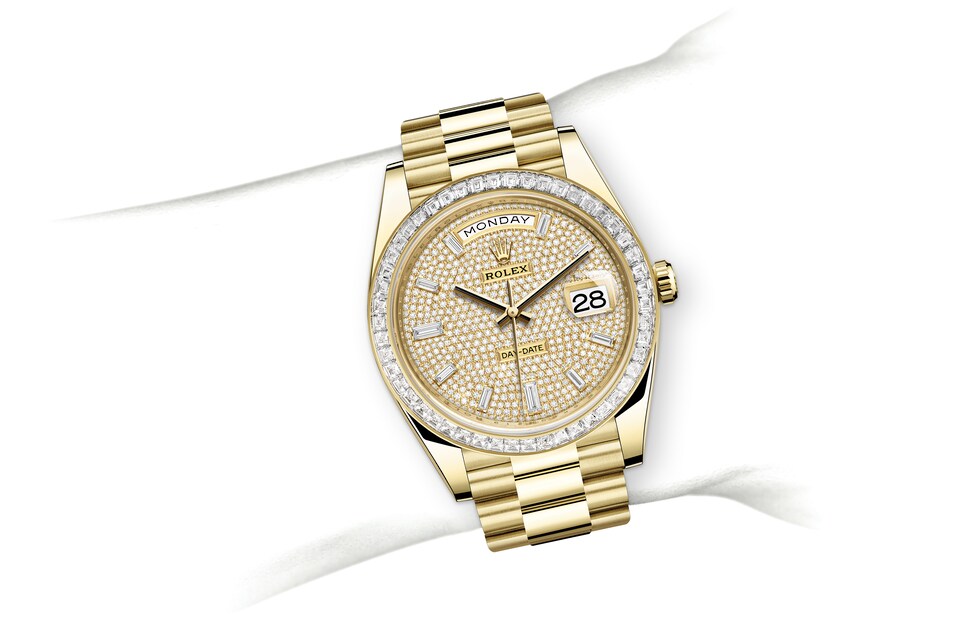 Rolex Day-Date | 228398TBR | Day-Date 40 | Gem-set dial | Diamond-Paved Dial | Diamond-Set Bezel | 18 ct yellow gold | m228398tbr-0036 | Men Watch | Rolex Official Retailer - Srichai Watch