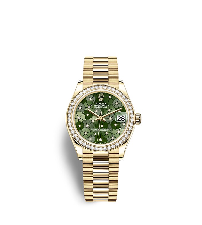 Rolex Datejust | 278288RBR | Datejust 31 | หน้าปัดสี | หน้าปัดสีเขียวมะกอก | ขอบหน้าปัดประดับเพชร | ทองคำ 18 กะรัต | m278288rbr-0038 | หญิง Watch | Rolex Official Retailer - Srichai Watch