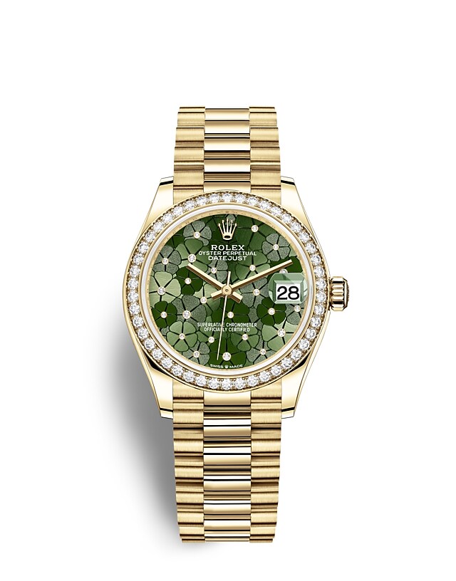Rolex Datejust | 278288RBR | Datejust 31 | หน้าปัดสี | หน้าปัดสีเขียวมะกอก | ขอบหน้าปัดประดับเพชร | ทองคำ 18 กะรัต | m278288rbr-0038 | หญิง Watch | Rolex Official Retailer - Srichai Watch