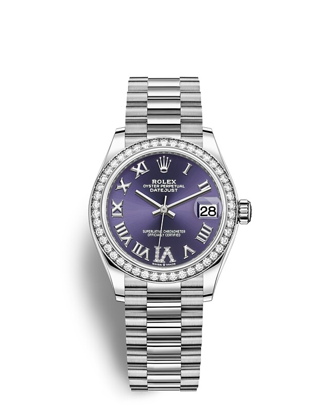 Rolex Datejust | 278289RBR | Datejust 31 | หน้าปัดสี | หน้าปัดสีม่วงเข้ม | ขอบหน้าปัดประดับเพชร | ทองคำขาว 18 กะรัต | m278289rbr-0019 | หญิง Watch | Rolex Official Retailer - Srichai Watch