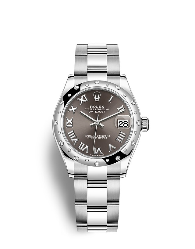 Rolex Datejust | 278344RBR | Datejust 31 | หน้าปัดสีเข้ม | หน้าปัดสีเทาเข้ม | ขอบหน้าปัดประดับเพชร | White Rolesor | m278344rbr-0023 | หญิง Watch | Rolex Official Retailer - Srichai Watch