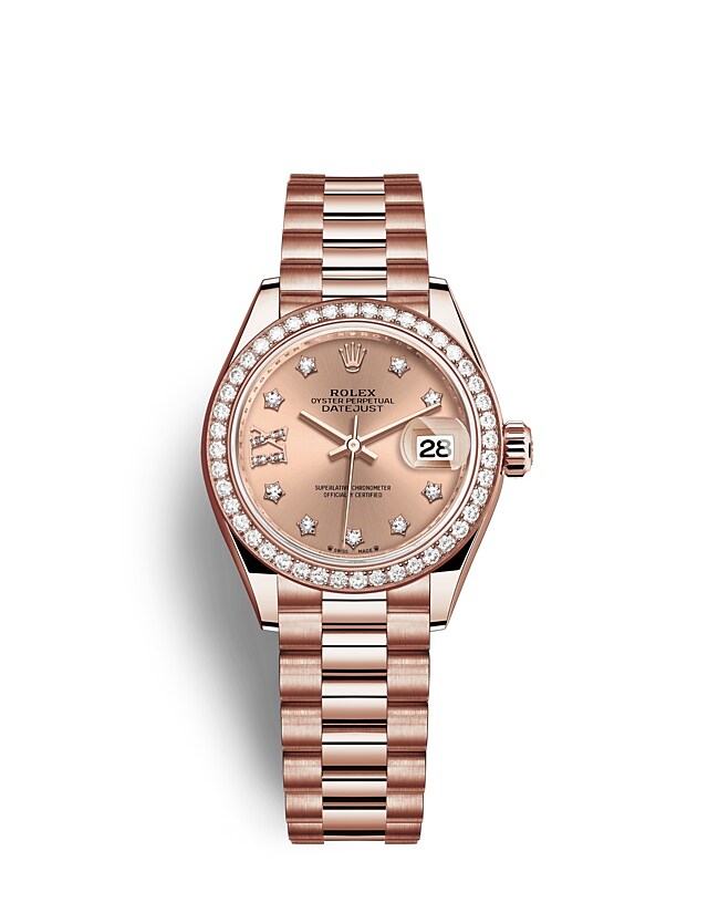 Rolex Lady-Datejust | 279135RBR | Lady-Datejust | หน้าปัดสี | หน้าปัดสีชมพูกุหลาบ | ขอบหน้าปัดประดับเพชร | เอเวอร์โรสโกลด์ 18 กะรัต | m279135rbr-0029 | หญิง Watch | Rolex Official Retailer - Srichai Watch