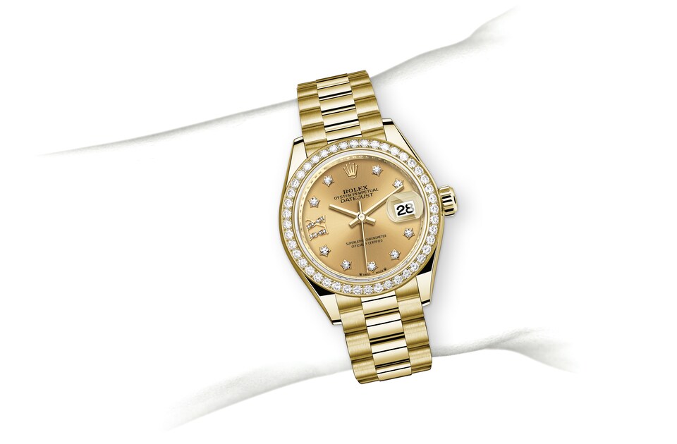 Rolex Lady-Datejust | 279138RBR | Lady-Datejust | Coloured dial | Champagne-colour dial | Diamond-Set Bezel | 18 ct yellow gold | m279138rbr-0006 | Women Watch | Rolex Official Retailer - Srichai Watch