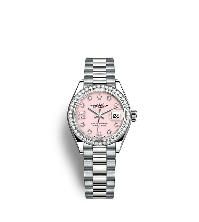 Rolex Lady-Datejust | 279139RBR | Lady-Datejust | Coloured dial | Pink opal dial | Diamond-Set Bezel | 18 ct white gold | m279139rbr-0002 | Women Watch | Rolex Official Retailer - Srichai Watch