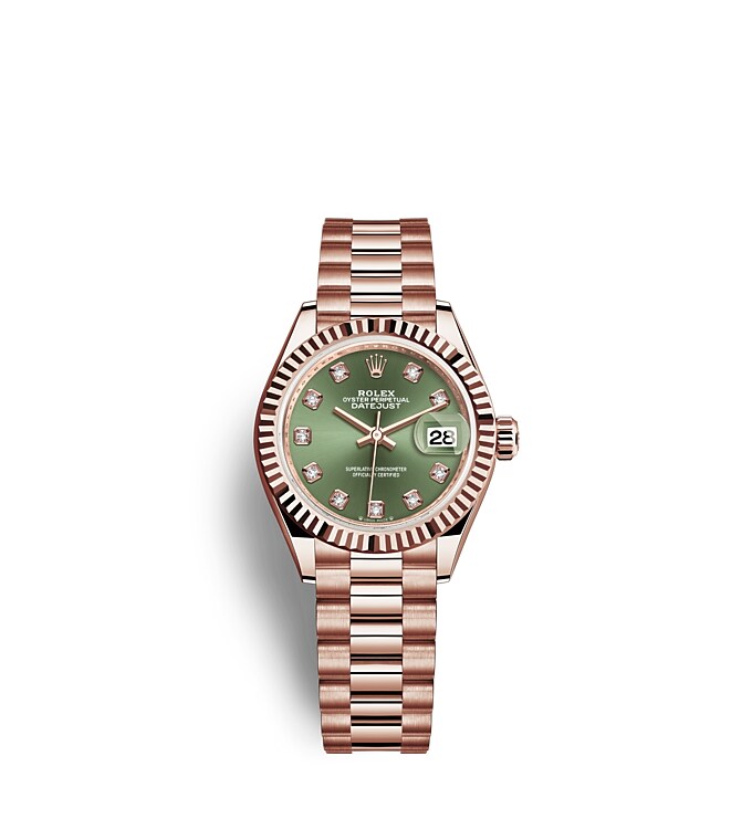 Rolex Lady-Datejust | 279175 | Lady-Datejust | หน้าปัดสี | หน้าปัดสีเขียวมะกอก | ขอบหน้าปัดแบบเซาะร่อง | เอเวอร์โรสโกลด์ 18 กะรัต | m279175-0009 | หญิง Watch | Rolex Official Retailer - Srichai Watch