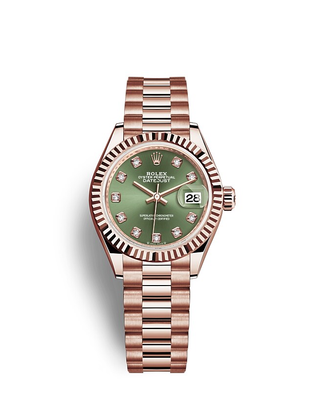 Rolex Lady-Datejust | 279175 | Lady-Datejust | หน้าปัดสี | หน้าปัดสีเขียวมะกอก | ขอบหน้าปัดแบบเซาะร่อง | เอเวอร์โรสโกลด์ 18 กะรัต | m279175-0009 | หญิง Watch | Rolex Official Retailer - Srichai Watch
