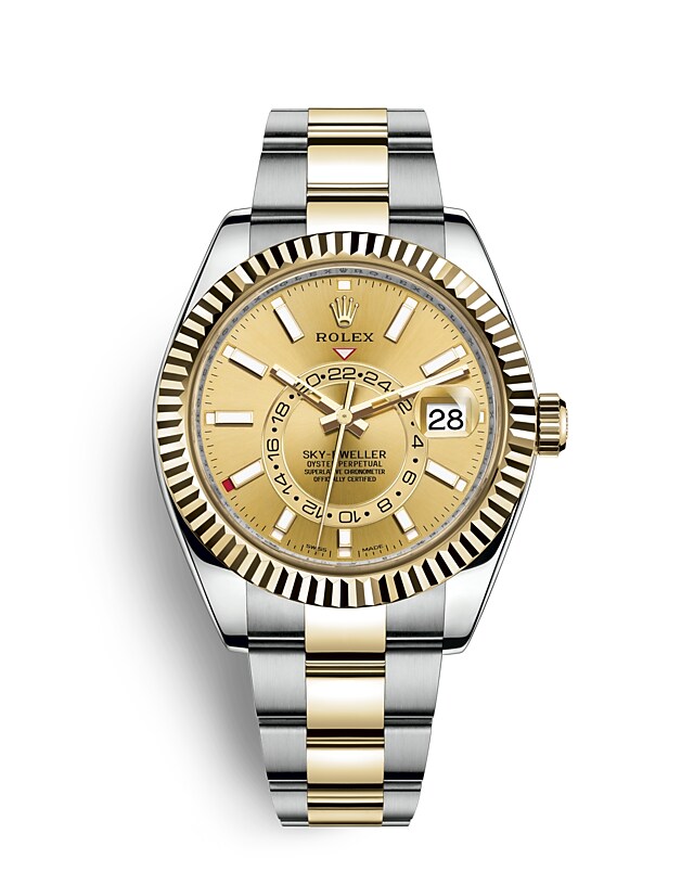 Rolex Sky-Dweller | 326933 | Sky-Dweller | หน้าปัดสี | หน้าปัดสีแชมเปญ | ขอบหน้าปัดแบบเซาะร่อง | Yellow Rolesor | m326933-0001 | ชาย Watch | Rolex Official Retailer - Srichai Watch
