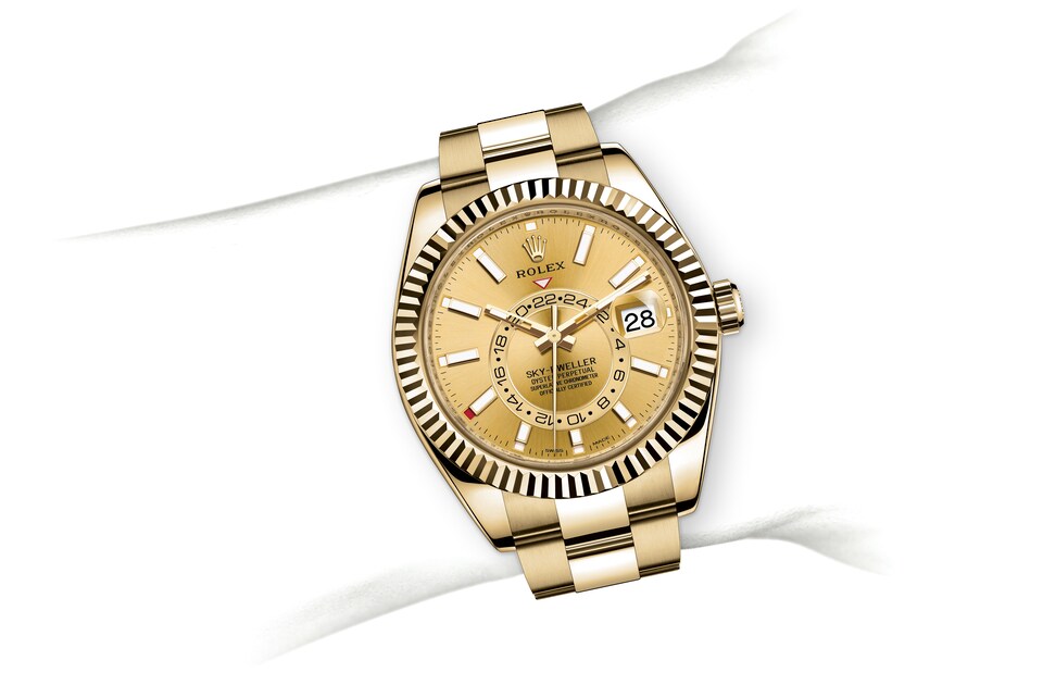 Rolex Sky-Dweller | 326938 | Sky-Dweller | หน้าปัดสี | หน้าปัดสีแชมเปญ | ขอบหน้าปัดแบบเซาะร่อง | ทองคำ 18 กะรัต | m326938-0003 | ชาย Watch | Rolex Official Retailer - Srichai Watch