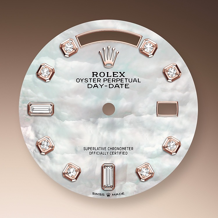 Rolex Day-Date | 128345RBR | Day-Date 36 | Light dial | Mother-of-Pearl Dial | Diamond-Set Bezel | 18 ct Everose gold | m128345rbr-0028 | Women Watch | Rolex Official Retailer - Srichai Watch