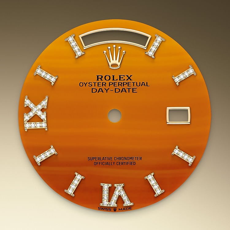 Rolex Day-Date | 128348RBR | Day-Date 36 | Coloured dial | Carnelian dial | Diamond-set bezel | 18 ct yellow gold | M128348RBR-0049 | Women Watch | Rolex Official Retailer - Srichai Watch
