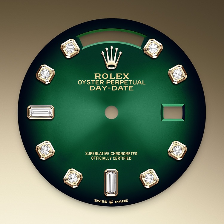 Rolex Day-Date | 128238 | Day-Date 36 | Coloured dial | Green ombré dial | Fluted bezel | 18 ct yellow gold | M128238-0069 | Men Watch | Rolex Official Retailer - Srichai Watch